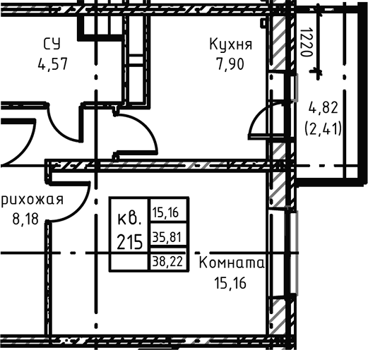 Планировка — Высокий Берег, 1-комн., 38 м²
