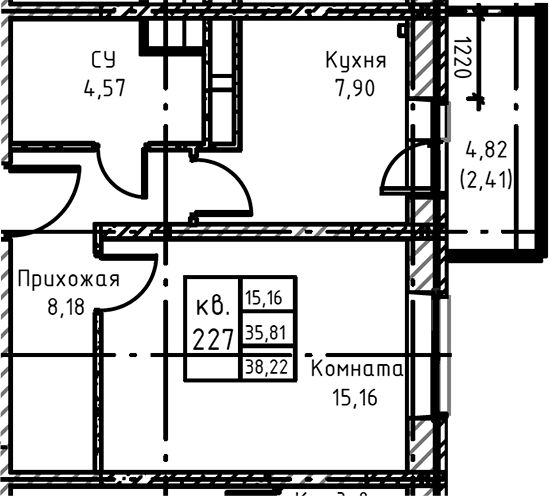 Планировка — Высокий Берег, 1-комн., 38 м²