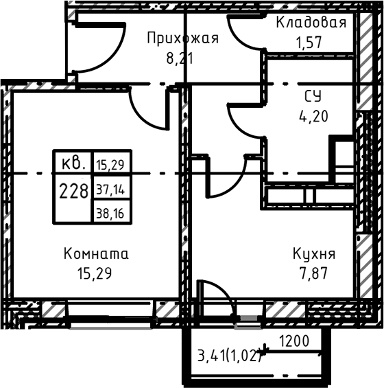 Планировка — Высокий Берег, 1-комн., 40 м²