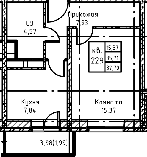 Планировка — Высокий Берег, 1-комн., 38 м²