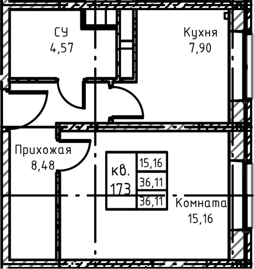 Планировка — Высокий Берег, 1-комн., 36 м²