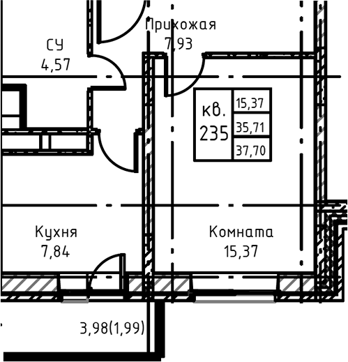 Планировка — Высокий Берег, 1-комн., 38 м²