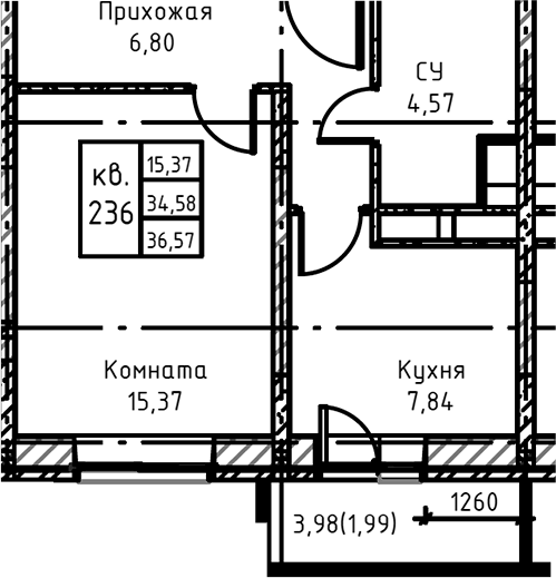 Планировка — Высокий Берег, 1-комн., 38 м²