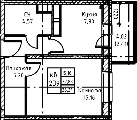 Планировка — Высокий Берег, 1-комн., 38 м²