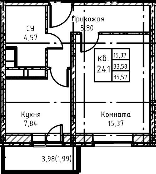 Планировка — Высокий Берег, 1-комн., 38 м²