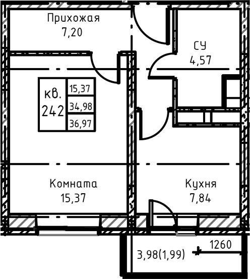 Планировка — Высокий Берег, 1-комн., 38 м²