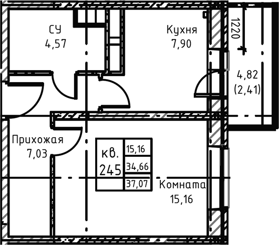 Планировка — Высокий Берег, 1-комн., 38 м²