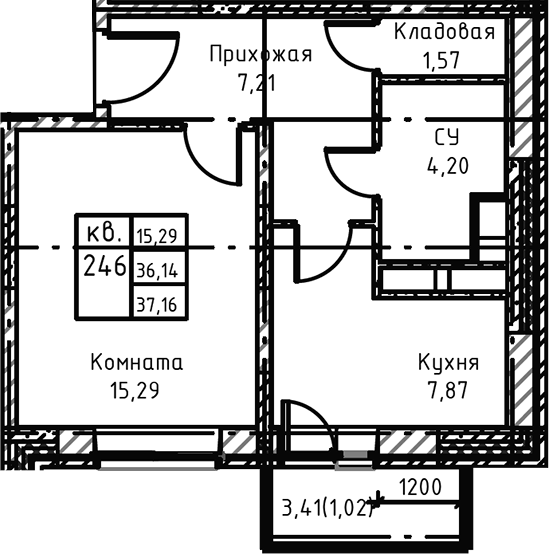 Планировка — Высокий Берег, 1-комн., 40 м²