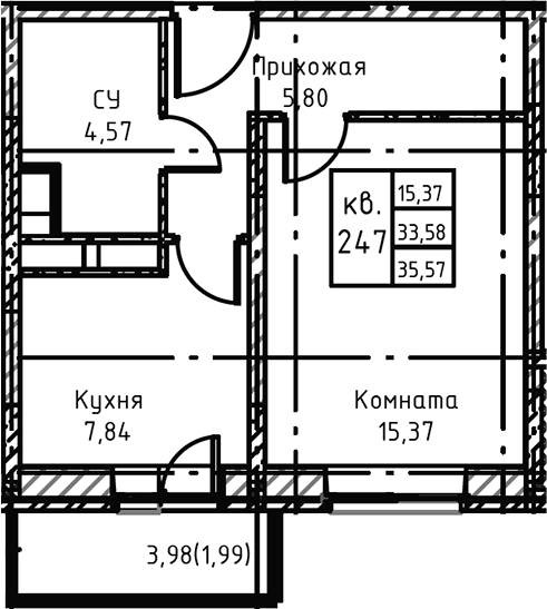Планировка — Высокий Берег, 1-комн., 38 м²
