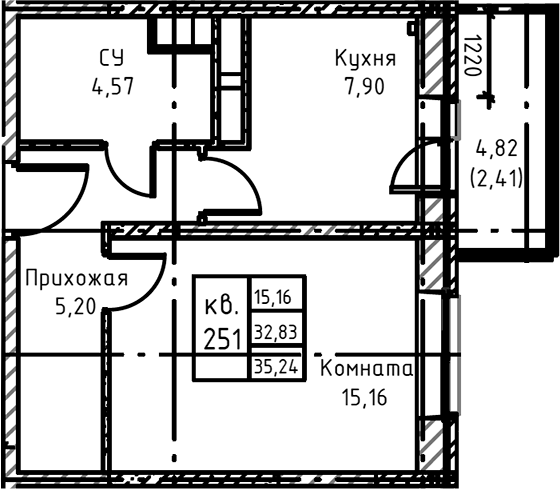 Планировка — Высокий Берег, 1-комн., 38 м²