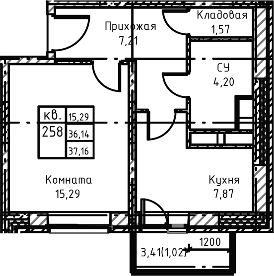 Планировка — Высокий Берег, 1-комн., 40 м²