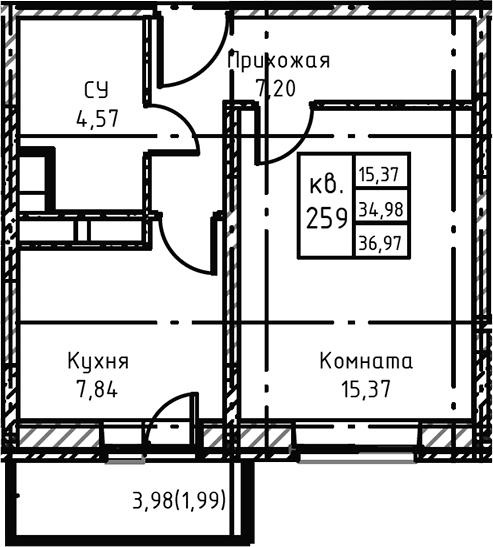 Планировка — Высокий Берег, 1-комн., 38 м²