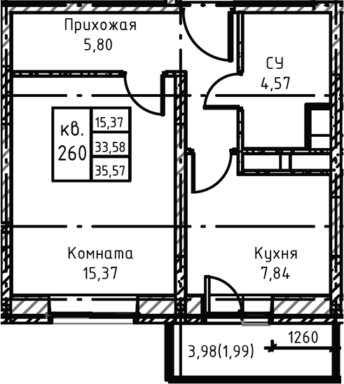 Планировка — Высокий Берег, 1-комн., 38 м²