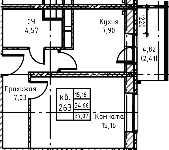 Планировка — Высокий Берег, 1-комн., 38 м²