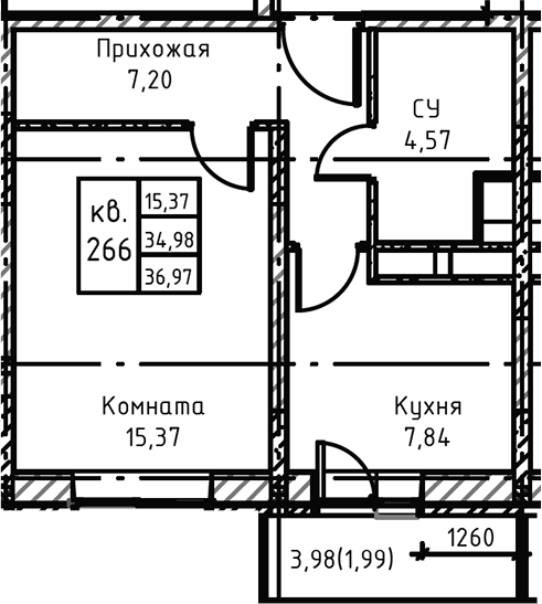 Планировка — Высокий Берег, 1-комн., 38 м²