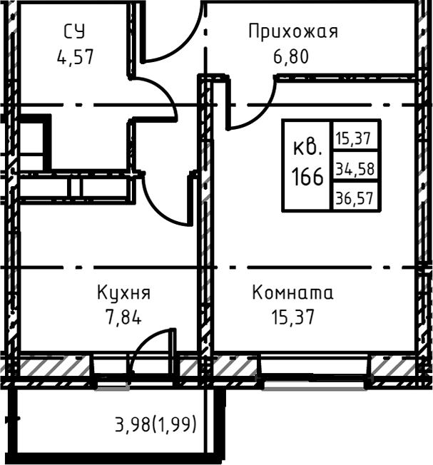 Планировка — Высокий Берег, 1-комн., 38 м²