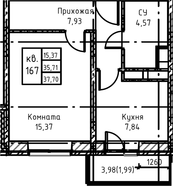 Планировка — Высокий Берег, 1-комн., 38 м²