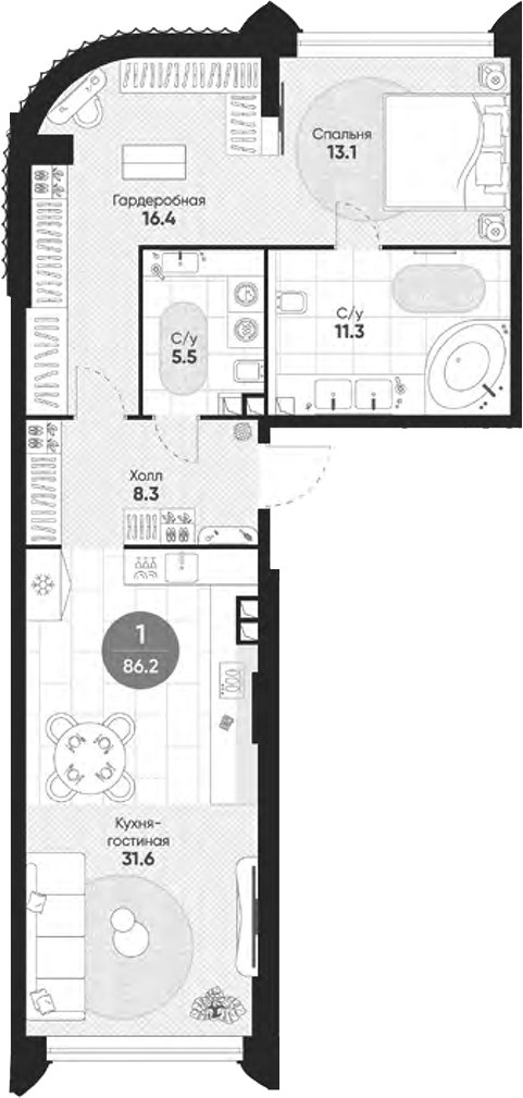 Планировка — Резиденция Омега, 2-комн., 86 м²