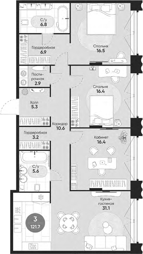 Планировка — Резиденция Омега, 4-комн., 122 м²