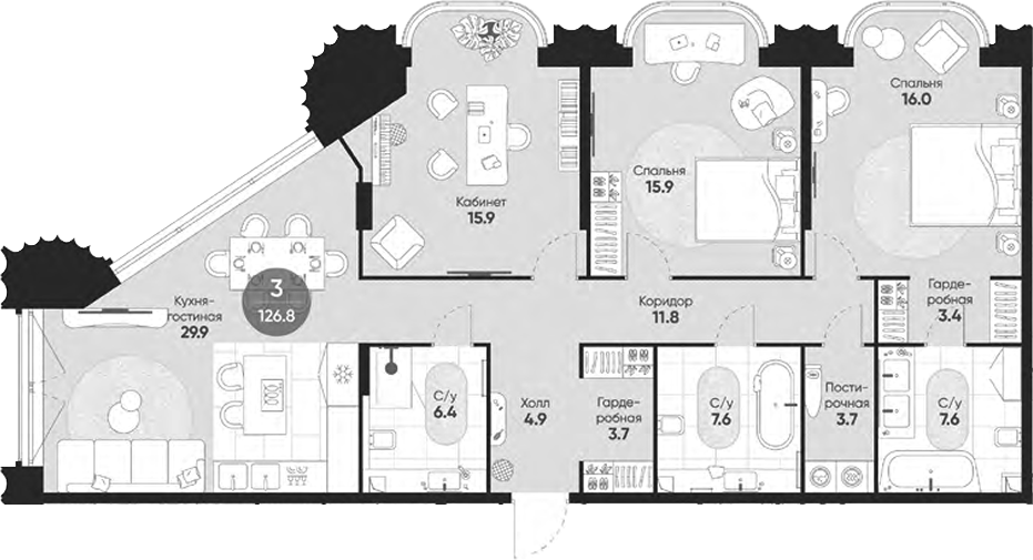 Планировка — Резиденция Омега, 4-комн., 127 м²
