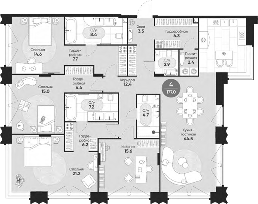 Планировка — Резиденция Омега, 5-комн., 177 м²