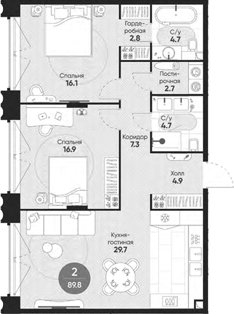 Планировка — Резиденция Омега, 3-комн., 90 м²