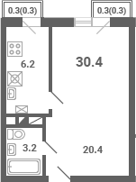 Планировка — Южная Долина, 1-комн., 30 м²