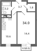 Планировка — Южная Долина, 1-комн., 34 м²
