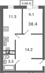 Планировка — Южная Долина, 1-комн., 38 м²