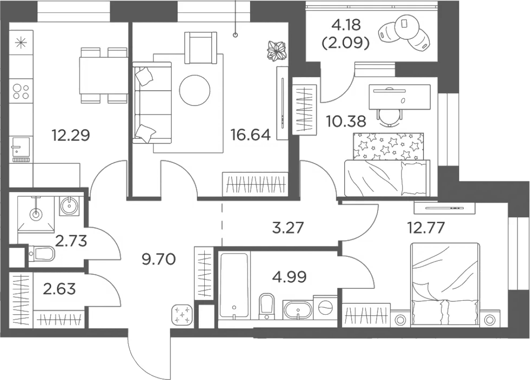 Планировка — Одинград, квартал Семейный, 3-комн., 75 м²