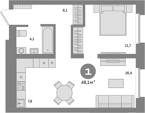 Планировка — Метроном, 1-комн., 48 м²