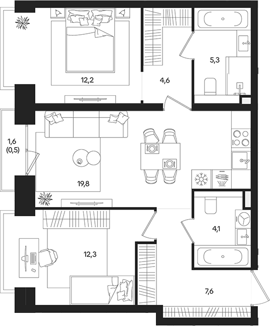 Планировка — ТАТУМ, 3-комн., 66 м²