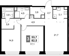 Планировка — Amber City, 3-комн., 83 м²