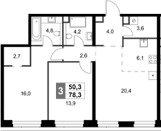 Планировка — Amber City, 3-комн., 78 м²