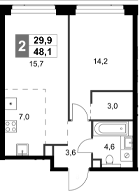 Планировка — Amber City, 2-комн., 48 м²