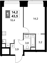 Планировка — Amber City, 1-комн., 44 м²