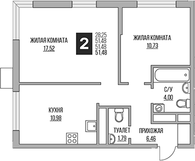 Планировка — Притяжение Сити, 3-комн., 51 м²