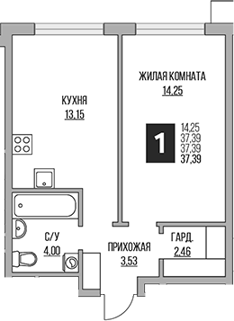 Планировка — Притяжение Сити, 2-комн., 37 м²