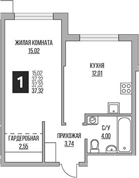 Планировка — Притяжение Сити, 2-комн., 37 м²