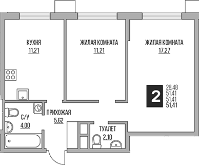 Планировка — Притяжение Сити, 3-комн., 51 м²