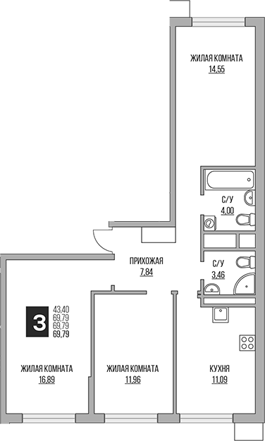 Планировка — Притяжение Сити, 4-комн., 70 м²