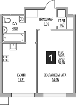 Планировка — Притяжение Сити, 2-комн., 37 м²