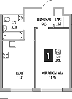 Планировка — Притяжение Сити, 2-комн., 37 м²