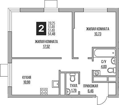 Планировка — Притяжение Сити, 3-комн., 51 м²