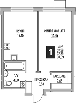 Планировка — Притяжение Сити, 2-комн., 37 м²