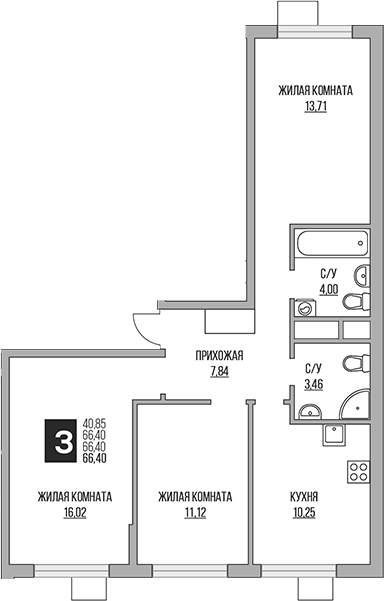 Планировка — Притяжение Сити, 4-комн., 66 м²