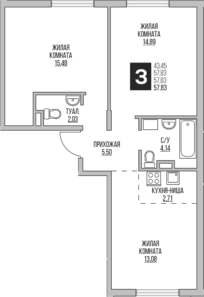 Планировка — Аникеевский, 3-комн., 58 м²