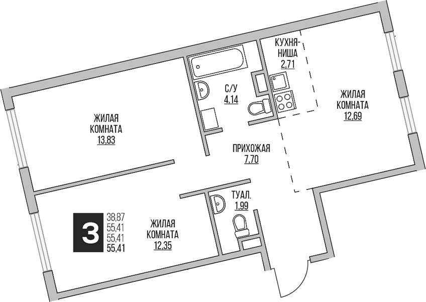Планировка — Аникеевский, 3-комн., 55 м²