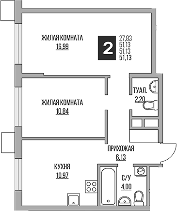 Планировка — Притяжение Сити, 3-комн., 51 м²