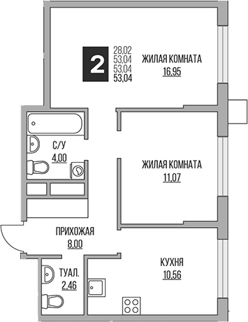 Планировка — Притяжение Сити, 3-комн., 53 м²